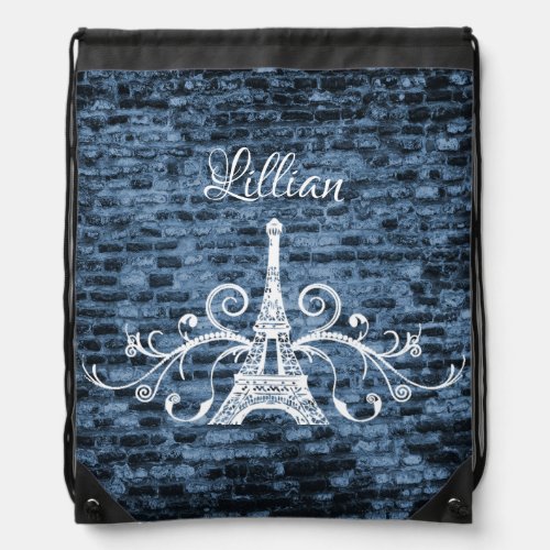 Blue Eiffel Tower Grunge Drawstring Backpack