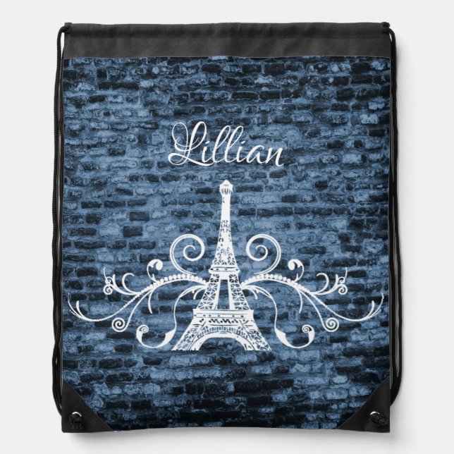 Blue Eiffel Tower Grunge Drawstring Backpack (Front)