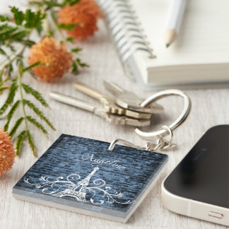 Blue Eiffel Tower Grunge Keychain