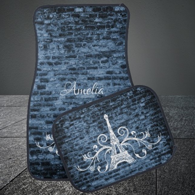 Blue Eiffel Tower Grunge Personalized Car Floor Mat (Blue Eiffel Tower Grunge Car Mats)