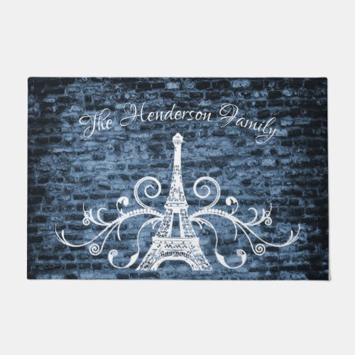 Blue Eiffel Tower Grunge Personalized Door Mat