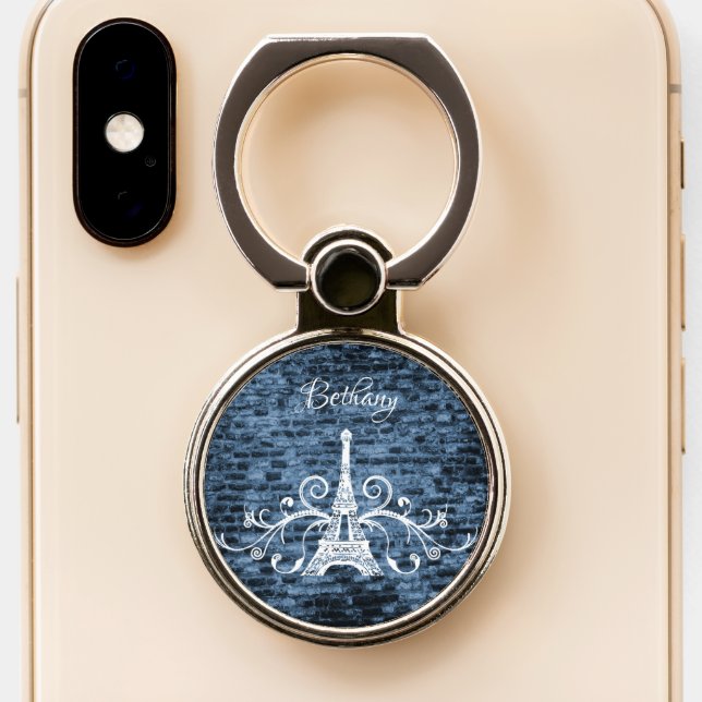 Blue Eiffel Tower Grunge Phone Ring Stand (Close Up)