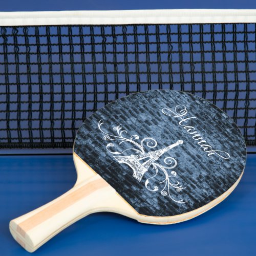 Blue Eiffel Tower Grunge Ping Pong Paddle