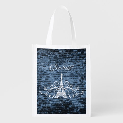 Blue Eiffel Tower Grunge Reusable Grocery Bag