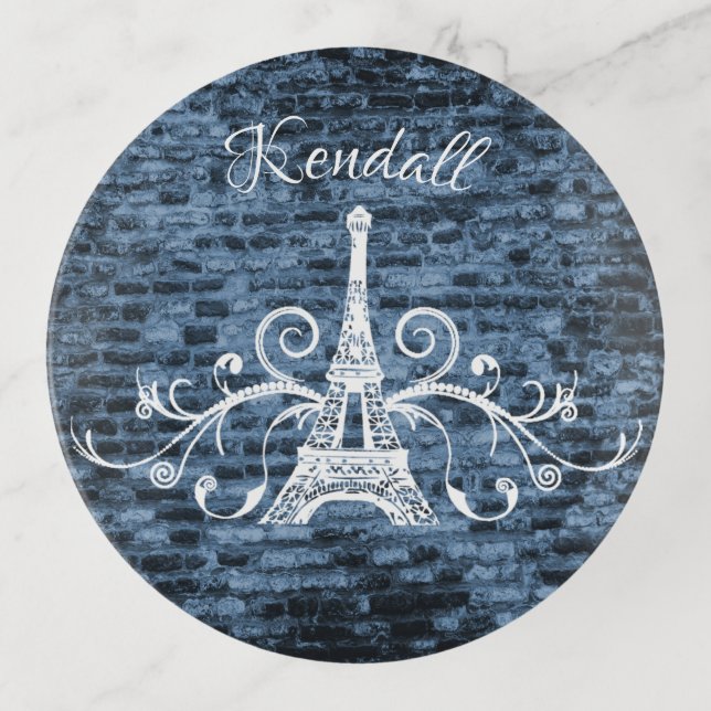 Blue Eiffel Tower Grunge Trinket Tray (Front)