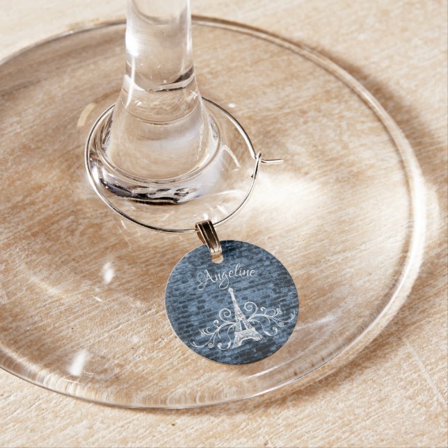 Blue Eiffel Tower Grunge Wine Charm (In Situ)