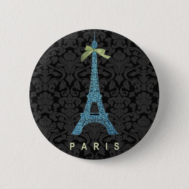 Blue Eiffel Tower in faux glitter Pinback Button (Front)