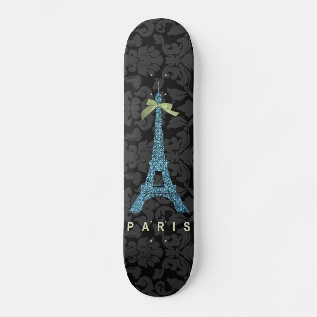 Blue Eiffel Tower in faux glitter Skateboard Deck (Front)