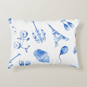 Blue Eiffel Tower Paris Watercolor Art Accent Pillow