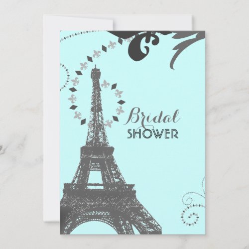 blue eiffel tower vintage paris bridal shower invitation