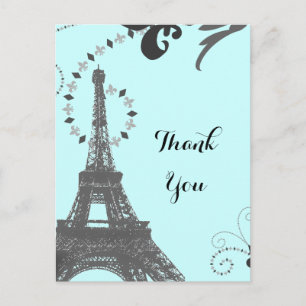 blue eiffel tower vintage paris thank you postcard