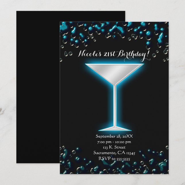 Blue Electric Glowing Martini Drink Birthday Party Invitation (Front/Back)