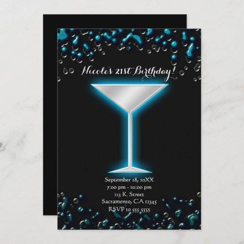 Blue Electric Glowing Martini Drink Birthday Party Invitation