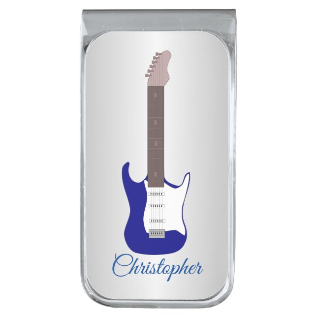 Blue Electric Guitar Personalised Silver Finish Money Clip (Front Vertical)