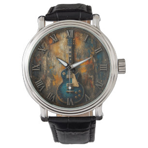 Blue Electric Guitar Rustic Vintage Art Decor Watch