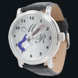 Blue Electric Guitar Watch<br><div class="desc">Wrist watch electric guitar design. You can customise this watch with any text of your choice. Should you require any help with customising then contact us through the link on this page. Blue electric guitar monogrammed wrist watch.</div>