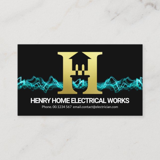 Blue Electric Lightning Letter H Home Power Plug Business Card (Front)