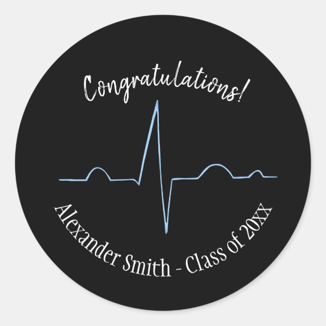 Blue Electrocardiogram Personalized Graduation  Classic Round Sticker (Front)