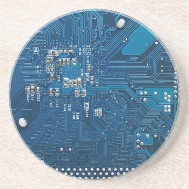 blue electronic circuit board computer pattern drink coaster (Front)