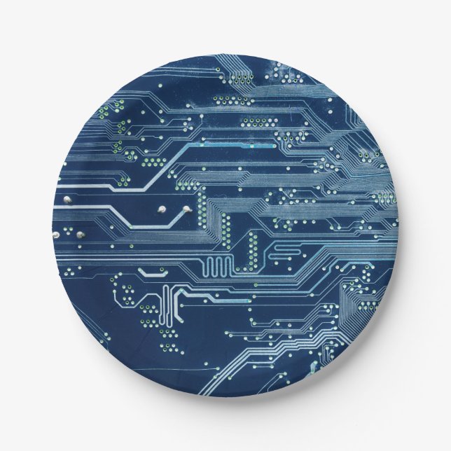 blue electronic circuit board computer pattern paper plates (Front)