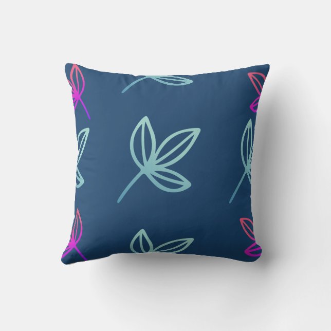 Blue Elegan Green&Pink Leaves  Outdoor Pillow (Back)