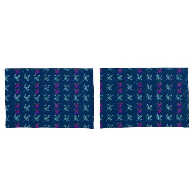 Blue Elegan Green&Pink Leaves Pillow Case (Front-Set)