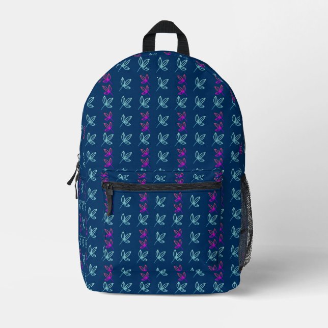 Blue Elegan Green&Pink Leaves Printed Backpack (Front)
