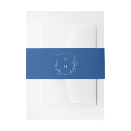 Blue elegance botanical crest monogram wedding invitation belly band