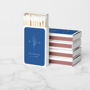 Blue elegance botanical leaves monogram wedding matchboxes