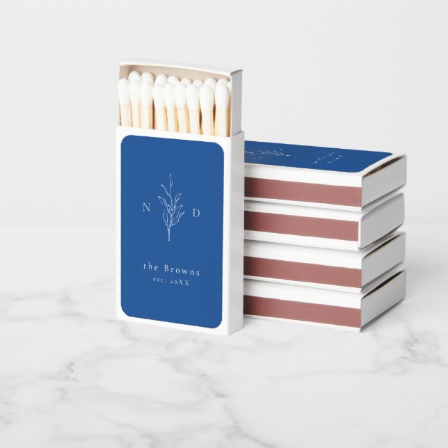 Blue elegance botanical leaves monogram wedding matchboxes (Stacked)