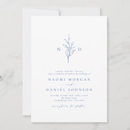 Blue elegance botanical monogram rustic wedding invitation
