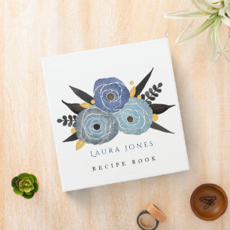 Blue Elegance Floral Personalized Recipe 3 Ring Binder