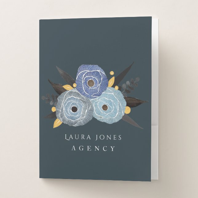 Blue Elegance Floral Personalized Recipe Pocket Folder (Front)