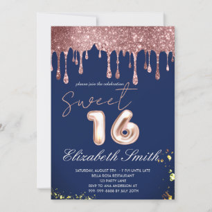 Blue Elegance, Rose Gold Drips Sweet Sixteen Invitation