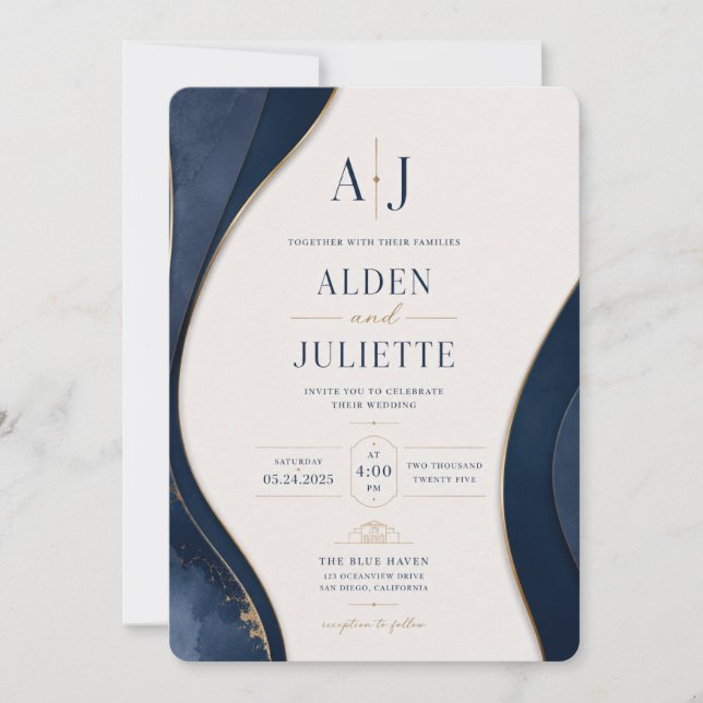 Blue Elegance Royal Wave Wedding Invitation | Navy (Front)
