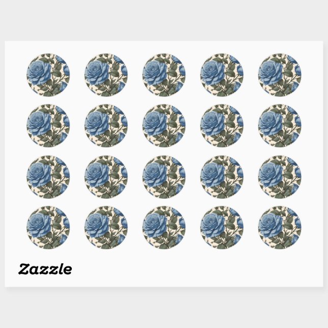 Blue Elegance: Vintage Provincial Roses in Bloom Classic Round Sticker (Sheet)