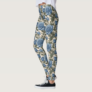 Blue Elegance: Vintage Provincial Roses in Bloom Leggings