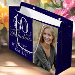 Blue Elegant 60 and Fabulous 60th Birthday Photo Large Gift Bag<br><div class="desc">Blue Elegant 60 and Fabulous 60th Birthday Photo Large Gift Bag. 60 and fabulous text in trendy script with a name on a dark blue background. Personalize it with your photo,  name and age. It`s a great personalized photo gift bag for a woman`s birthday.</div>