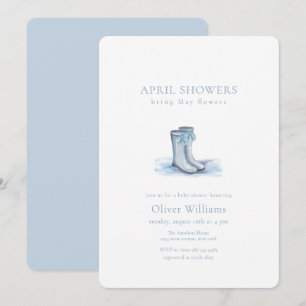 Blue Elegant April Bow Rain Boots Baby Shower Invitation