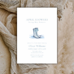 Blue Elegant April Bow Rain Boots Baby Shower Invitation