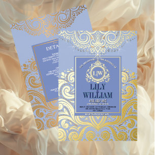Blue Elegant Artdeco Diamond Monogram Wedding Gold Foil Invitation