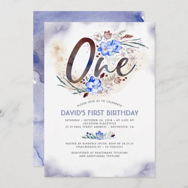 Blue Elegant | Baby Boy | 1st Birthday Party Invitation (Front/Back)