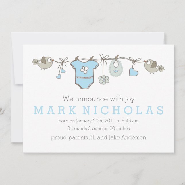 Blue elegant baby boy clothes announcement (Front)