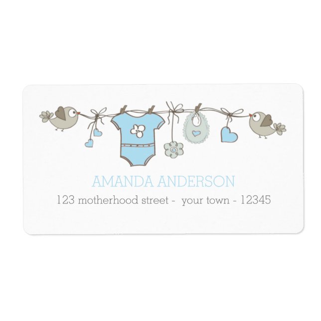 Blue elegant baby boy clothes announcement label (Front)