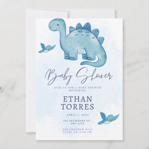 blue elegant baby shower invitation cute dinosaur 