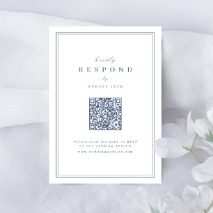 Blue Elegant borders gold classy QR code wedding RSVP Card