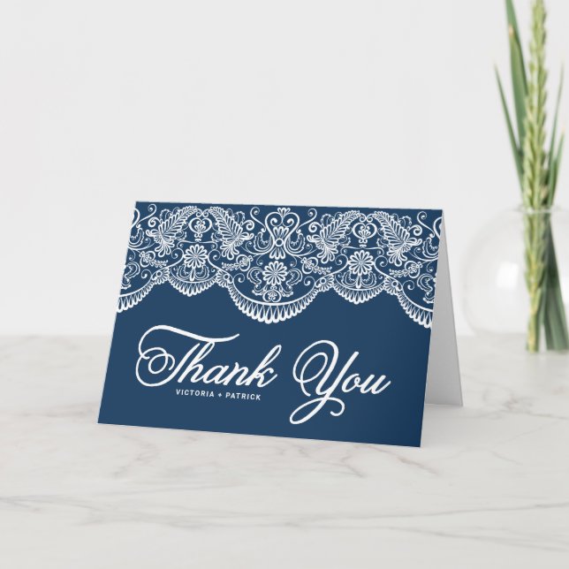 Blue Elegant Botanical Brocade Lace Wedding Thank You Card (Front)