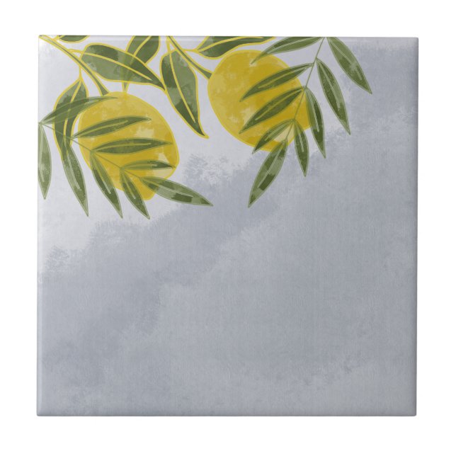 Blue Elegant Botanical Lemon  Ceramic Tile (Front)