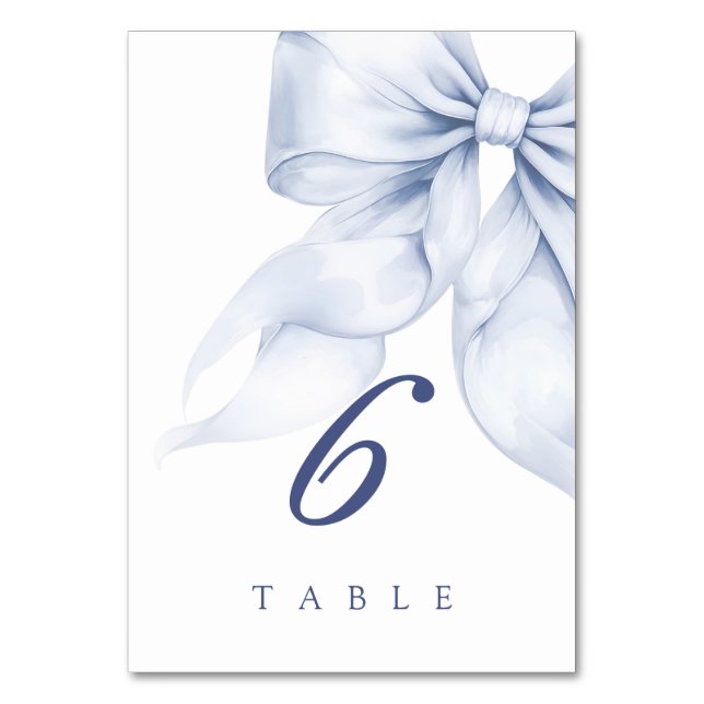 Blue Elegant Bow Bridal Shower Table Number (Front)