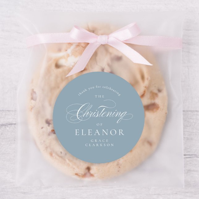 Blue Elegant Calligraphy Christening Thank You Classic Round Sticker (Creator Uploaded)